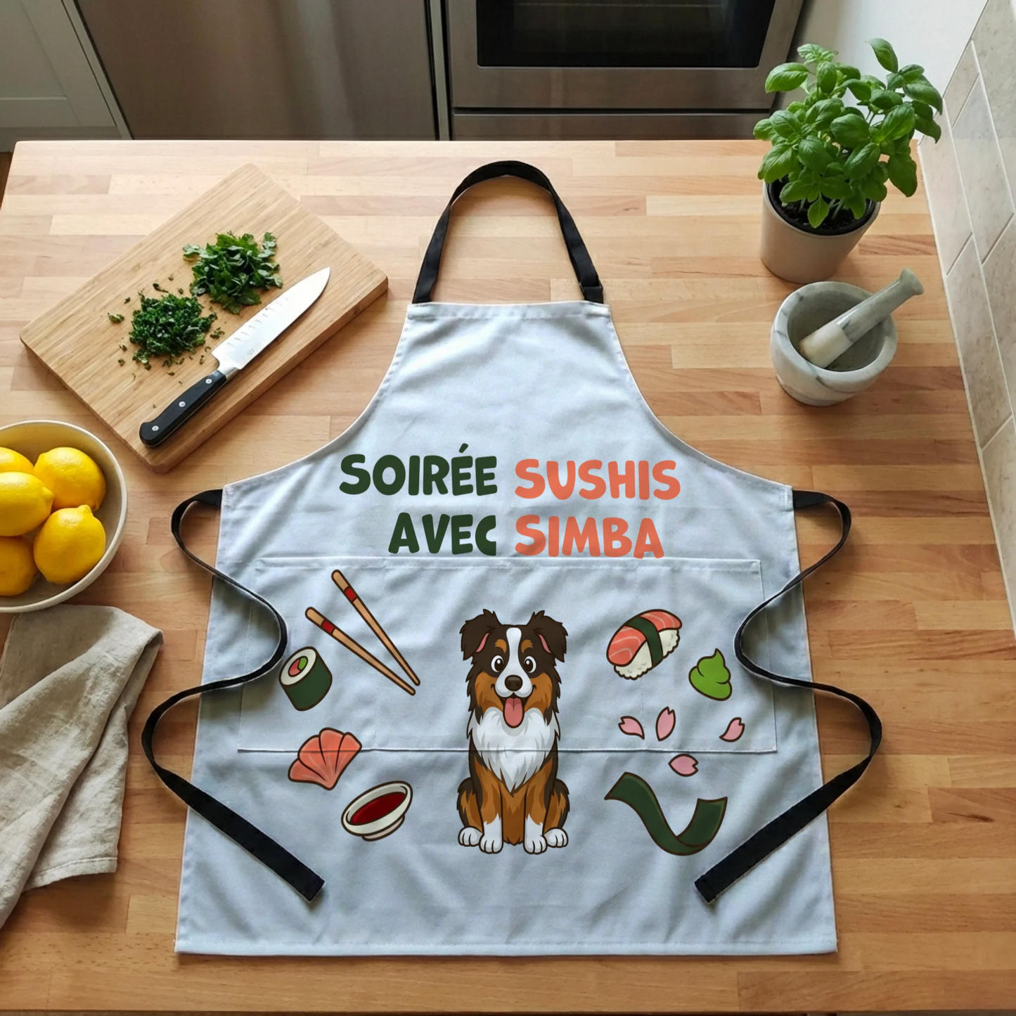 Tablier : "Soirée sushis avec"