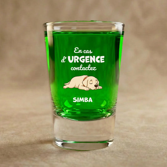 Verre à shot : "En cas d'urgence contactez"